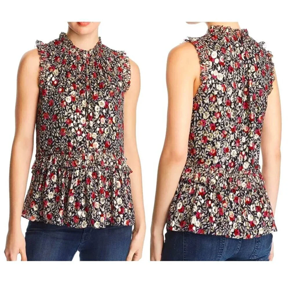 Kate Spade Floral Park Clip Dot Metallic Silk Top